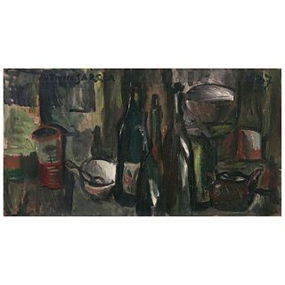 JOAQUÍN TORRES-GARCÍA, Bodegón ("Still Life"), Signed and dated 1927, Oil on canvas, 14.9 x 28" (38 x 71.5 cm)