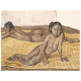 FRANCISCO ZÚÑIGA, Niñas desnudas ("Naked Girls"), Signed and dated 1987, Pastel and conté on paper, 19.6 x 25.5" (50 x 65 cm), With certificate