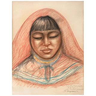 RAÚL ANGUIANO,Mujer Huichola ("Huichol Woman"),Signed & dated San Andrés Cohamiata 71,Sanguine,charcoal & pastel on paper,25.5x19.2"(65x49cm)