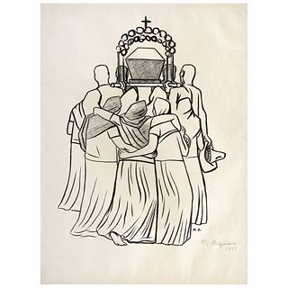 RAÚL ANGUIANO, Funeral en Chapala ("Funeral in Chapala"), SIgned and dated 1947, Ink on paper, 18.5 x 13.9" (47 x 35.5 cm)