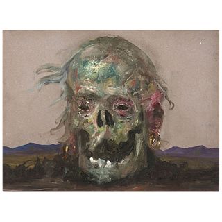 JOSÉ MANUEL SCHMILL, Calaca con arracada ("Skull with Earring"), Signed and dated 82, Oil on masonite, 11.8 x 15.7" (30.2 x 40 cm)