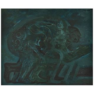 JOSÉ HERNÁNDEZ DELGADILLO, La aurora del hombre ("The Dawn of Man"), Signed and dated 80, Acrylic on canvas, 40.5 x 48" (103 x 122 cm)
