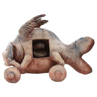 JORGE MARÍN, Untitled (Pez con máscara) ("Fish w/Mask"), Signed and dated 1991, Sculpture in polychrome clay, 14.5 x 19.6" (37 x 50 cm), w/certificate