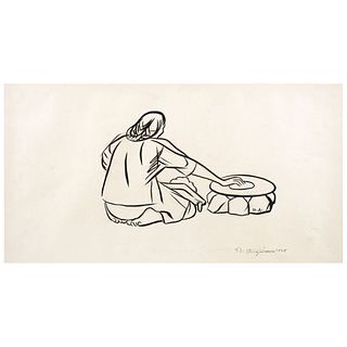 RAÚL ANGUIANO, Tortillera, Signed and dated 1948, Ink and graphite pencil on paper, 10.2 x 19" (26 x 48.5 cm)