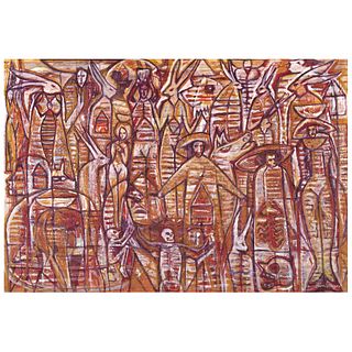 LEONEL VILLEGAS, Carnaval, Signed and dated 17 on the front. Signed and dated 2017 on the back, Oil, sand/canvas, 39.3 x 59" (100x150 cm), certificate