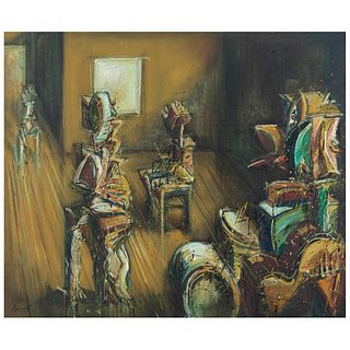 JAZZAMOART, Interior con pitos y máscaras XI, Signed and dated 91 on the front. Signed on the back, Oil on canvas, 43.3 x 51" (110 x 130 cm)