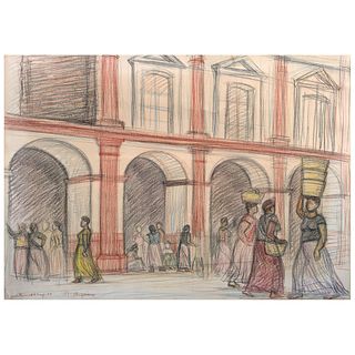 RAÚL ANGUIANO, Mercado ("Market"), Signed and dated Juchitán, 21 de Marzo-54, Color pencils on paper, 17.5 x 24.8" (44.5 x 63 cm)