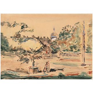 ARTURO SOUTO, Escena del parque de ciudad europea, Signed, Watercolor, gouache and pencil on paper, 8.6 x 12" (22 x 30.4 cm)