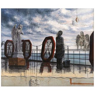 URIEL PARKER, Composición surrealista ("Surreal Composition"), Signed on back, Oil on canvas, 49 x 62.5" (124.5 x 159 cm)