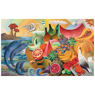 JULIÁN DÍAZ VALVERDE DIVAL, Naturaleza con delfines ("Nature with Dolphins"), Signed on the front. Signed and dated 2019 on the back, Oil on canvas, 3