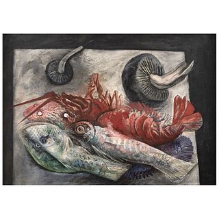 JOSÉ REYES MEZA, Langosta con lenguado ("Lobster with Sole"), Signed & dated 67, Oil/canvas, 25.5 x 35.4" (65 x 90 cm), RECOVERY PRICE