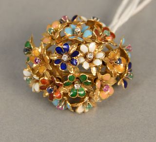 18K gold brooch made of multiple enameled flowers set with diamonds, rubies and sapphires. 12.1 grams, 1 1/4 in.