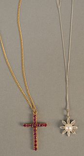 Two pendants and chains to include 14K gold cross and chain, cross set with small rubies plus 14K white gold pendant and chain set with pearl and smal