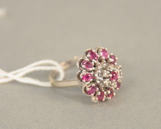14K white gold cocktail ring set with red stones and small diamonds, size 6 3/4. 8.4 grams.