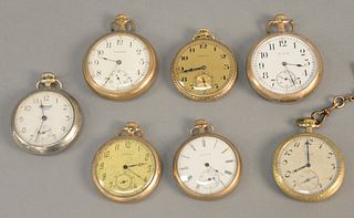 Seven various pocket watches to include Waltham, Elgin, and Ingersoll.