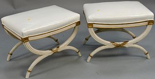 Pair of benches with white leather tops on cruel bases. ht. 17 in., top: 16 1/2" x 22 1/2". Provenance: The Estate of Ed Brenner, Short Hills N.J.