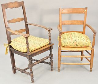 Two chairs, Jacobean armchair with ladder back on turned legs, 17th - 18th century (restored), along with a Continental ladder back chair. ht. 44 1/2 