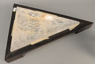 Large Rock Crystal Center Dish, triangular form in carved wood base (repaired). total height 26 inches, total width 21 inches.