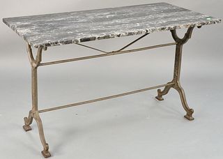 Iron base table with grey marble top. ht. 28 in., top: 26" x 46".