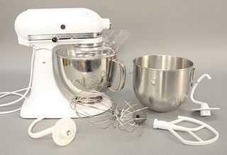 Kitchen Aid artisan white mixer with several attachments. Provenance: Estate of William and Teresa Patton, Lake Ave Greenwich, CT