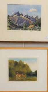 Four frames pieces Sheila Gardner, watercolor on paper, "Mt. Brewster #3", 1985, Corporate Art Directions label on back along with Charles Bragg (1931