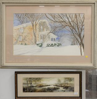 Two famed watercolors, artist unknown, watercolor of a stone house, winter landscape signed illegibly lower left B Rorms (?) (sight size 17 1/2" x 29 