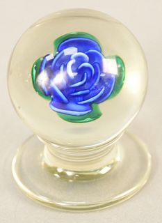 Millville blue rose glass paperweight on pedestal base. ht. 2 3/4 in. Provenance: The Estate of Ed Brenner, Short Hills N.J.