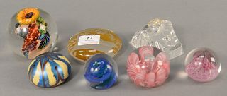 Seven art glass paperweights, M.Stone Vitra art glass paperweight, two Caithness "Twirl and Pixie" Scotland, Val St. Lambert, etched glass paperweight