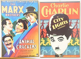 Group of five posters mounted on board, the Marx Brothers, Animal Crackers; Gone with the Wind, David Selznick; March of the Wooden Soldiers, Laurel a