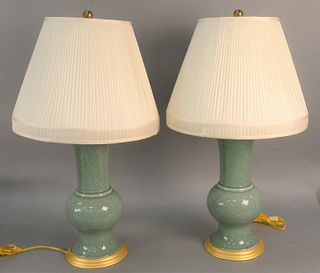 Pair of Chinese style vases made into table lamps, with pleated silk shades, shades marked custom tailored for Oriental Lamp Shade Co. ht. 32 in. Prov