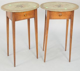 Pair of contemporary oval stands with paint decorated lift tops. ht. 27 in., top: 13" x 17". Provenance: Former home of Mel Gibson, Old Mill Rd, Green