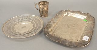 Three piece sterling silver lot, square tray, round plate, and mug. 34.2 t.oz., mug ht. 4 in.