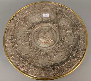 Large Elkington Style Silvered Bronze Charger, 19th century, with allegorical scenes and brass backing (worn). diameter 20 inches.