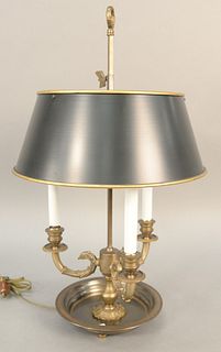 French brass Bouillotte table lamp with adjustable tole shade. ht. 24 in. Provenance: Former home of Mel Gibson, Old Mill Rd, Greenwich, CT