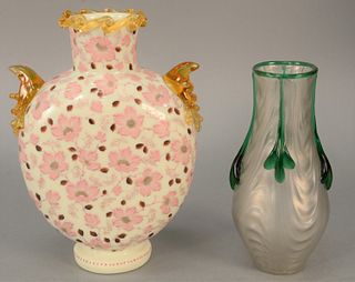 Two vases to include opaque white glass vase having amber handles and rim decorated with enameled flowers and leaves, and art glass vase. ht. 8 1/2 in