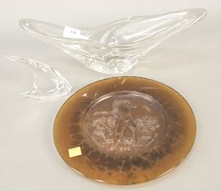 Three French Daum glass pieces to include center bowl and a fish both marked Daum France, along with Daum Pate de Verre "Ete" Fall 1970 Season charger
