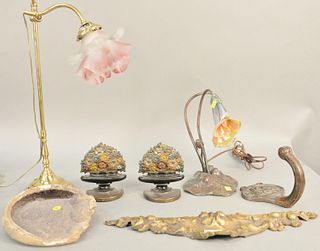 Seven piece lot to include pair of iron painted door stops in the form of urns with flowers, iron coat rack, bronze floral piece, quartz stone., Ameri