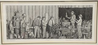Jonathan Talbot, etching, "The Auction", pencil signed, titled and numbered 37/125. sight size 7" x 17 1/4" Provenance: The Estate of Ed Brenner, Shor