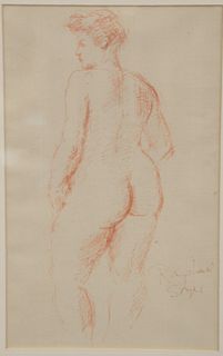 Raphael Soyer (1899 - 1987), red pen and ink, "Back Nude" woman, signed lower right Raphael Soyer, Gallery Fifty Two label on back. sight size 11 1/2"