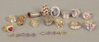 Large group of silver rings plus pair of 9 carat gold earrings along with gold and coral small Victorian pins.