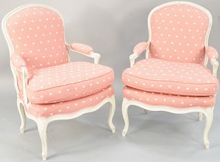 Pair of custom upholstered Louis XV style fauteuil. ht. 36 in., wd. 25 in. Provenance: Estate of William and Teresa Patton, Lake Ave Greenwich, CT