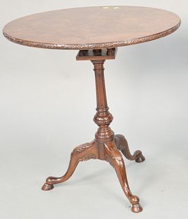 Mahogany birdcage table having burl top. ht. 28 in., dia. 26 in. Provenance: Estate of William and Teresa Patton, Lake Ave Greenwich, CT