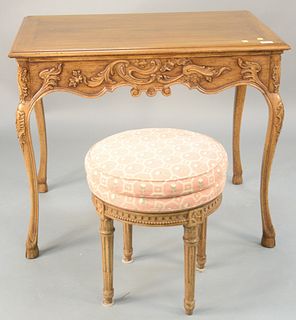 Two piece lot to include Louis XV style center table with one drawer and hoof feet along with Louis XVI upholstered style stool. ht. 29 in., top: 23" 