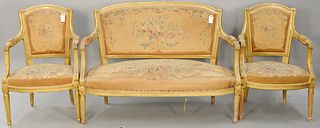 Three piece Louis XVI style salon set with canape and pair of fautoil with aubusson type upholstery. canape ht. 36 1/2 in., lg. 51 in.