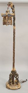 Carved Chinese floor lamp with dragon and pagoda motif. ht. 76 in.