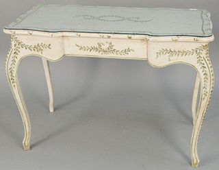 Two piece lot to include paint decorated Louis XV style vanity with three drawers and glass top along with a side chair. ht. 30 1/2 in., top: 21 1/2" 