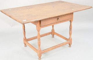 Primitive one drawer table with breadboard top. ht. 26 1/2 in., top: 30 1/2" x 48". Provenance: Former home of Mel Gibson, Old Mill Rd, Greenwich, CT