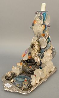 Grotto Rock Crystal Sculpture Candlestick, having amethyst, rock crystal, semi precious stones, birds and turtle figures on a plated tray in the manne