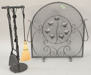 Iron contemporary fire screen with tools. ht. 32 in., wd. 33 in. Provenance: Former home of Mel Gibson, Old Mill Rd, Greenwich, CT