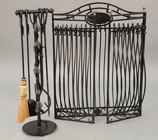 Iron fire screen and set of tools. ht. 33 in., fully open wd. 49 in.